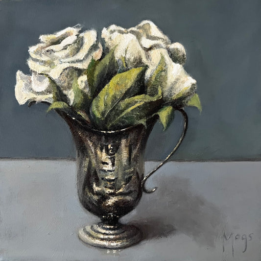 White roses in silver jug